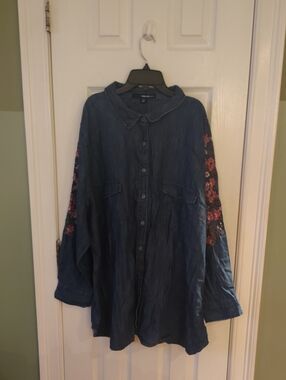 Denim 24/7 Dark Blue Denim Shirt Jacket with Red Floral Sleeve Embroidery